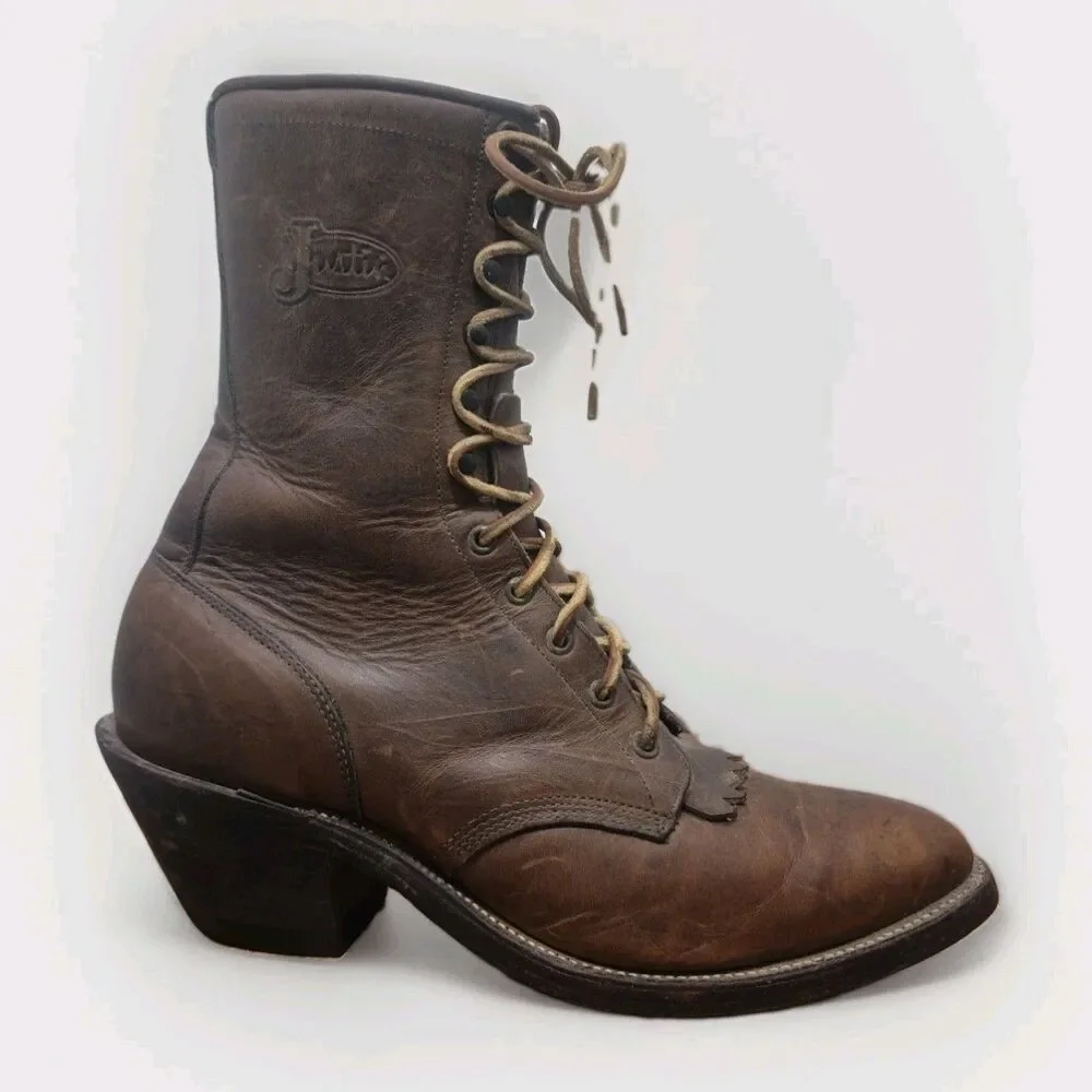 Justin 596 Lace Up Vintage Packer Chippewa Boots Brown Leather USA Men's 10.5D